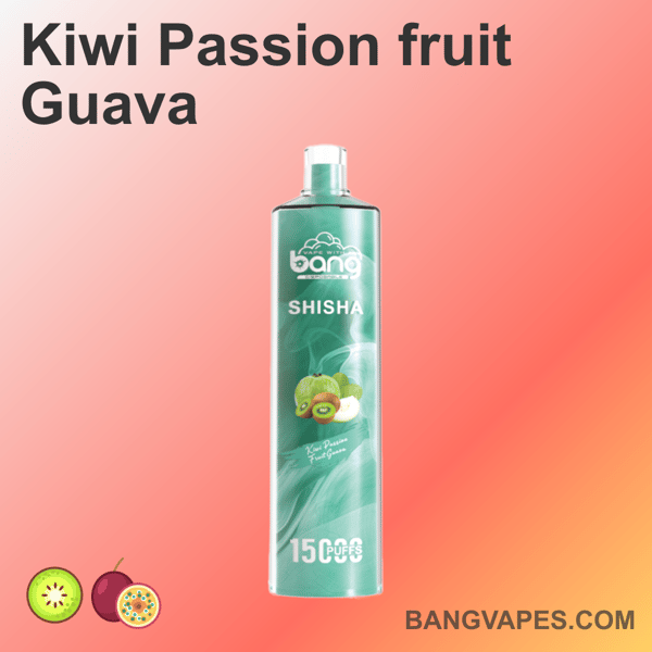 "Bang Shisha waporyzator o smaku kiwi marakuja i gujawa, oferujący 15 000 zaciągnięć"."