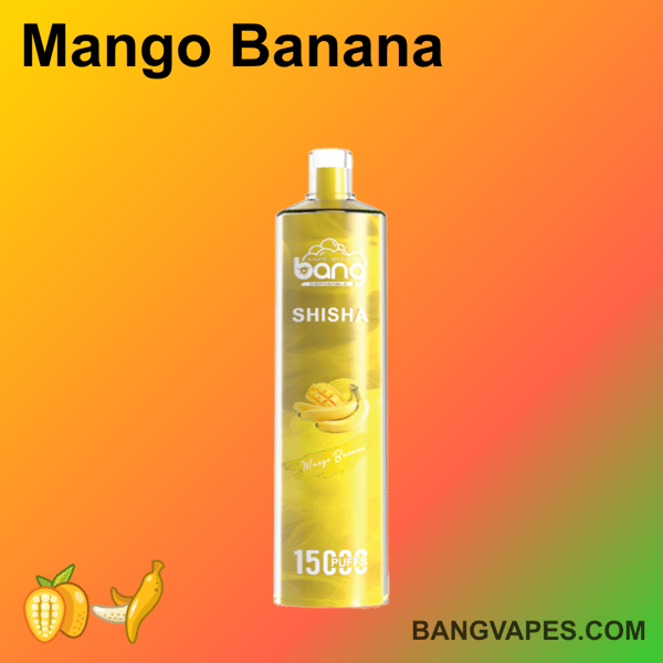 Jednorazowy waporyzator Bang o smaku Mango Banana, z żółtym wzorem z wizerunkami mango i banana, z etykietą wskazującą 15 000 zaciągnięć i stroną internetową marki bangvapes.com.