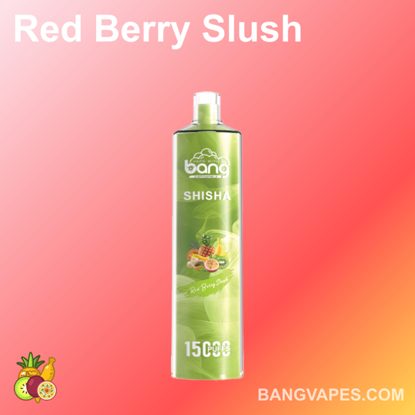 Jednorazowy waporyzator Bang Vapes Red Berry Slush Shisha z 15 000 zaciągnięć, zielone opakowanie, ilustracje owoców i adres URL strony internetowej.