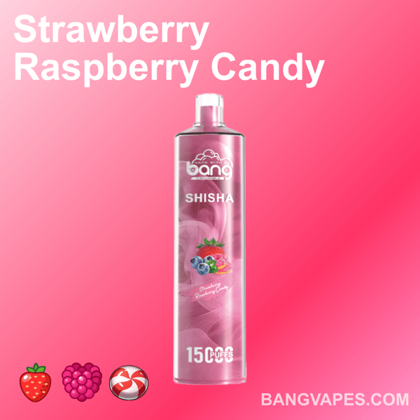 Waporyzator Bang Shisha o smaku truskawkowo-malinowym, zawierający 15 000 zaciągnięć, wyświetlany na różowym gradientowym tle z ikonami truskawek, malin i cukierków.