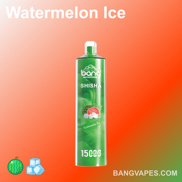 Vape Watermelon Ice z 1500 zaciągnięciami marki Bang Shisha w zielonym pojemniku z ikonami arbuza i kostek lodu na opakowaniu.