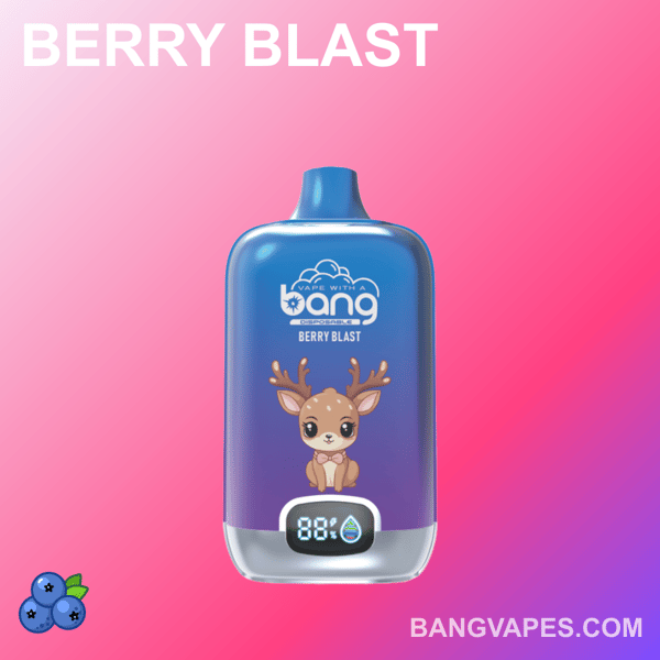 Niebiesko-fioletowe urządzenie do waporyzacji oznaczone "Berry Blast" z cyfrowym wyświetlaczem na dole pokazującym 88% i symbolem kropli wody. Opakowanie zawiera uroczą ilustrację jelenia, a w dolnym rogu znajduje się adres URL witryny "BANGVAPES.COM".