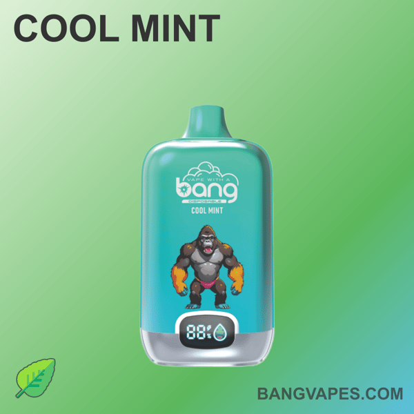 Jednorazowy waporyzator Bang Vapes Cool Mint z ilustracją goryla i cyfrowym wyświetlaczem z napisem "88%" z przodu.