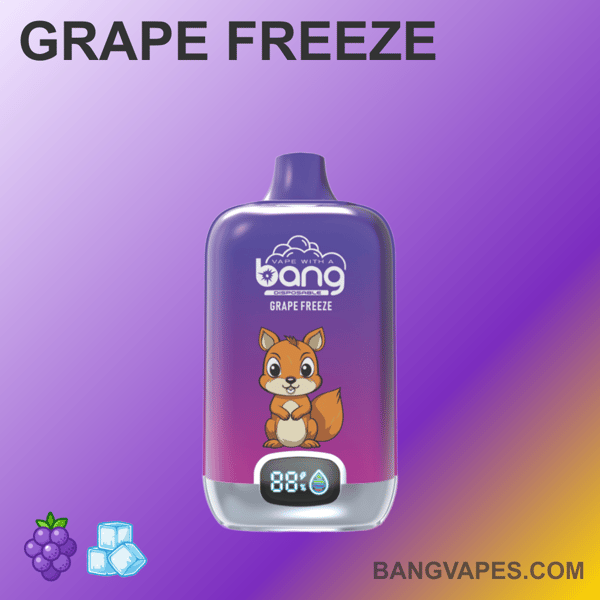Fioletowe jednorazowe urządzenie do waporyzacji oznaczone "Bang Grape Freeze" z ilustracją kreskówkowej wiewiórki, cyfrowym wyświetlaczem oraz ikonami winogron i kostek lodu na dole.