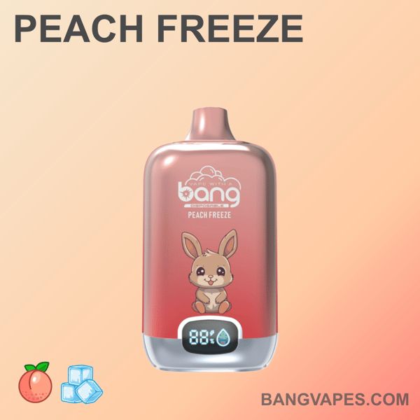 Różowy jednorazowy waporyzator z napisem "Bang Peach Freeze" z wizerunkiem animowanego króliczka i cyfrowym wyświetlaczem u dołu z napisem "88%"."
