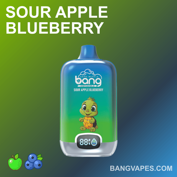 Vape Bang o smaku "Sour Apple Blueberry", wyposażony w cyfrowy wyświetlacz i ilustrację przedstawiającą uśmiechniętego żółwia z przodu.
