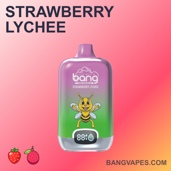 Jednorazowy waporyzator Bang Vapes Strawberry Lychee z kreskówkową ilustracją pszczoły na różowym, gradientowym tle.