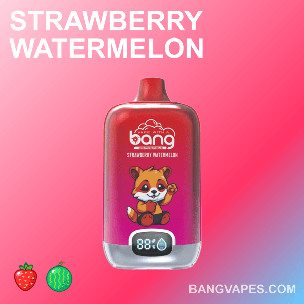 Jednorazowy waporyzator Strawberry Watermelon Bang z postacią czerwonej pandy i cyfrowym wyświetlaczem pokazującym poziom naładowania baterii i e-liquidu.