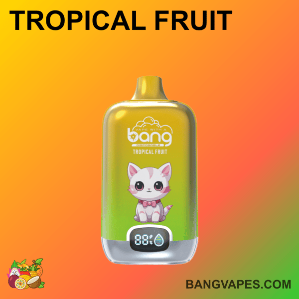 "Żółto-zielone urządzenie do waporyzacji z etykietą 'Owoce tropikalne' z ilustracją uroczego kota i wskaźnikiem baterii 88%."
