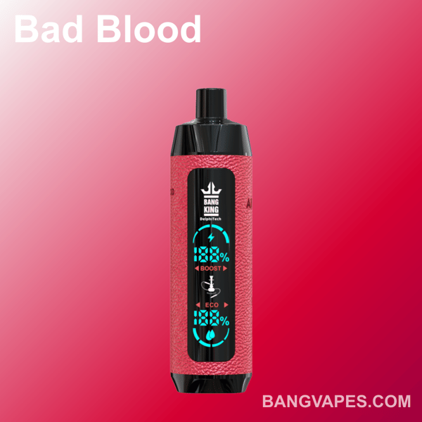 Un dispositivo di vaporizzazione rosso etichettato "Bang King" con display digitale, su uno sfondo sfumato rosso.