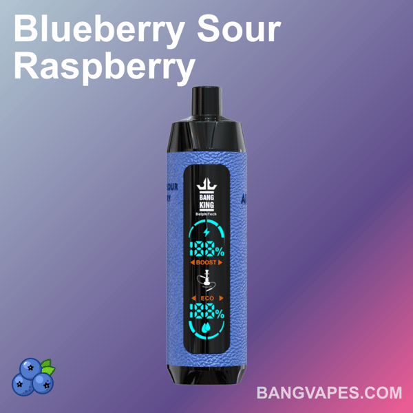 Vaporizzatore al gusto di lampone Blueberry Sour con design nero e blu, che mostra la percentuale della batteria e gli indicatori della modalità boost/eco, con il marchio "BANG KING" e "DelphiTech" sullo schermo.