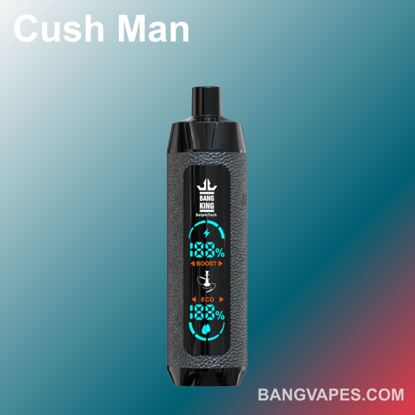 Dispositivo di vaporizzazione Cush Man di Bang King, caratterizzato da un'impugnatura testurizzata nera con un display digitale che mostra la percentuale della batteria, le modalità boost ed eco e il sito web bangvapes.com.