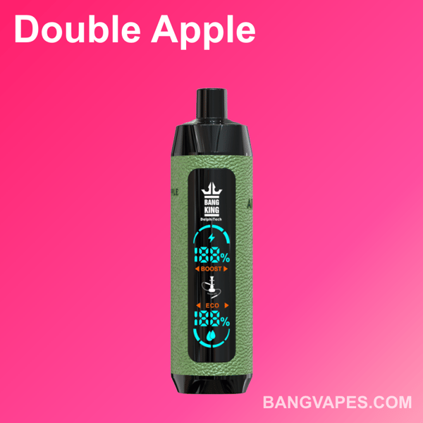 Un dispositivo di vaporizzazione verde con il logo "Bang King", etichettato "Double Apple", su uno sfondo rosa.