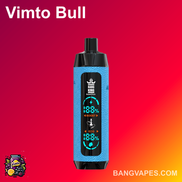 Niebieskie urządzenie do waporyzacji "Bang King" z cyfrowym wyświetlaczem na czerwonym, gradientowym tle, z napisami "Vimto Bull" i "BANGVAPES.COM" oraz małą ilustracją logo Vimto w rogu.