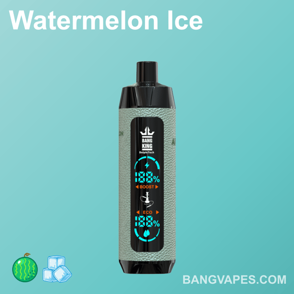 Un dispositivo di vaporizzazione etichettato "Watermelon Ice" con un corpo strutturato verde chiaro, un cappuccio nero e il marchio "Bang King". Lo sfondo è verde acqua, con icone di anguria e cubetti di ghiaccio. Viene visualizzato il sito web "BANGVAPES.COM".