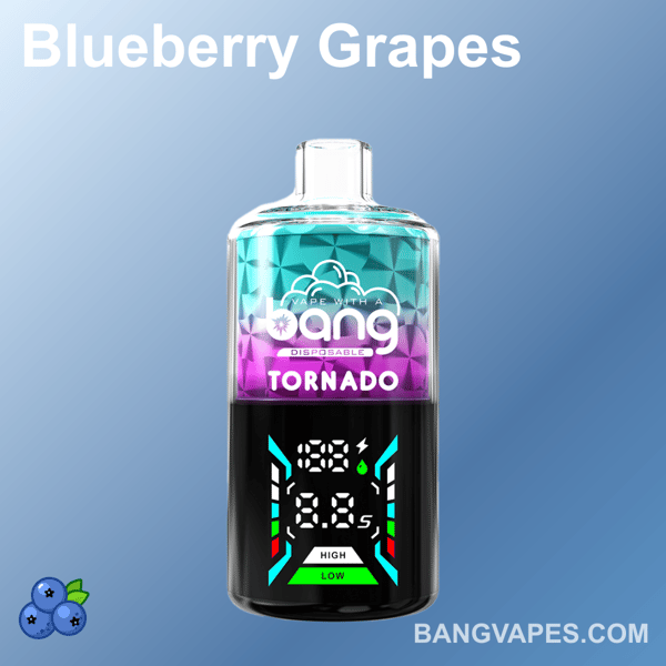 Jednorazowy waporyzator Bang Tornado z niebieskim i jasnoniebieskim wzorem gradientowym, cyfrowym wyświetlaczem pokazującym napięcie i liczbę zaciągnięć, z etykietą "winogrona jagodowe" i ikonami owoców na dole.