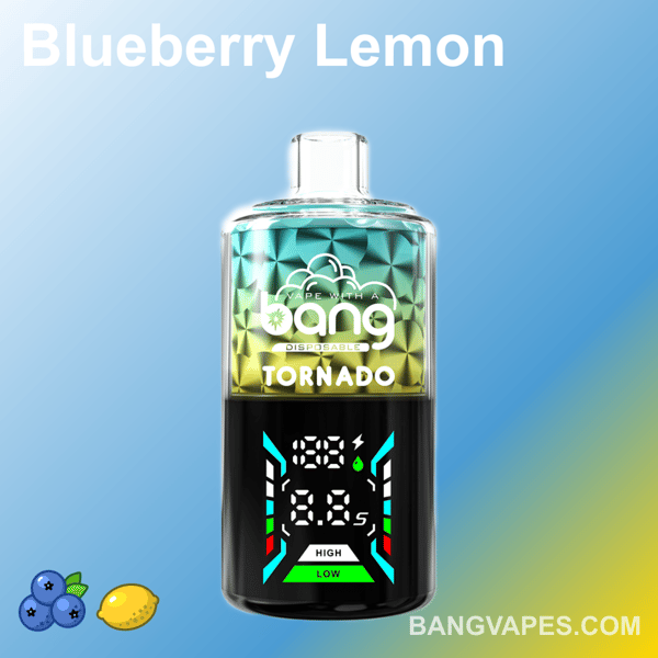 Jednorazowy waporyzator Bang Tornado z niebiesko-żółtym gradientowym wzorem, cyfrowym wyświetlaczem pokazującym napięcie i liczbę zaciągnięć, z etykietą "jagodowa cytryna" i ikonami owoców na dole.