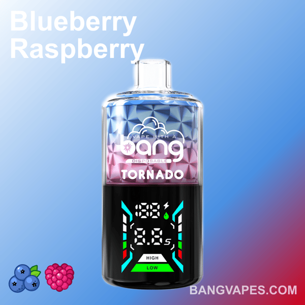 Jednorazowy waporyzator Bang Tornado z niebieskim i czerwonym gradientem, cyfrowym wyświetlaczem pokazującym napięcie i liczbę zaciągnięć, z napisem "borówka malina" i ikonami owoców na dole.