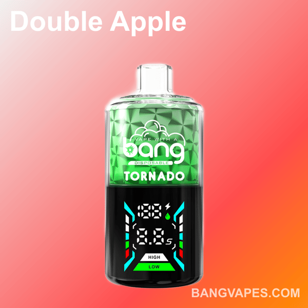 Jednorazowy waporyzator Bang Tornado z czerwono-żółtym gradientem, cyfrowym wyświetlaczem pokazującym napięcie i liczbę zaciągnięć, z napisem "podwójne jabłko" i ikonami owoców na dole.