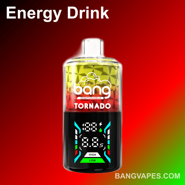 Jednorazowy waporyzator Bang Tornado z czerwono-zielonym gradientem, cyfrowym wyświetlaczem pokazującym napięcie i liczbę zaciągnięć, z etykietą "napój energetyczny" i ikonami owoców na dole.