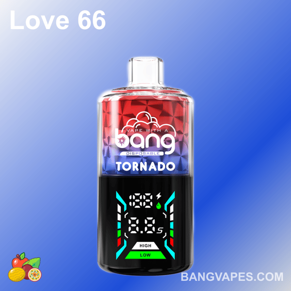 Jednorazowy waporyzator Bang Tornado z czerwono-niebieskim gradientem, cyfrowym wyświetlaczem pokazującym napięcie i liczbę zaciągnięć, z napisem "Love 66" i ikonami owoców na dole.