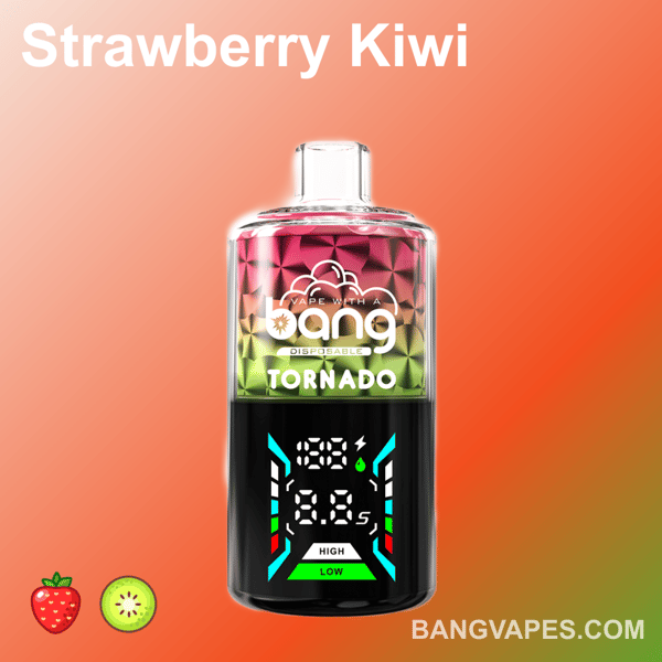 Jednorazowy waporyzator Bang Tornado z czerwono-niebieskim gradientem, cyfrowym wyświetlaczem pokazującym napięcie i liczbę zaciągnięć, z napisem "Strawberry Kiwi" i ikonami owoców na dole.