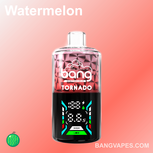 Jednorazowy waporyzator Bang Tornado z czerwono-niebieskim gradientem, cyfrowym wyświetlaczem pokazującym napięcie i liczbę zaciągnięć, z napisem "Arbuz" i ikonami owoców na dole.