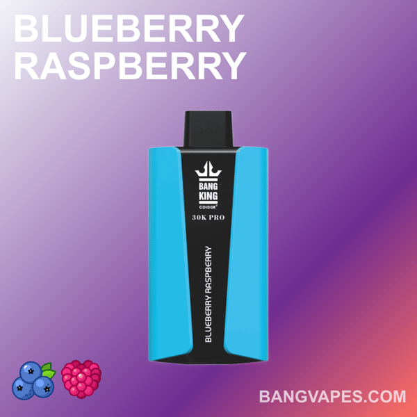 Blueberry Raspberry Bang King 30K Pro vape device with blue accents on a gradient purple background, displaying the brand and flavor text.