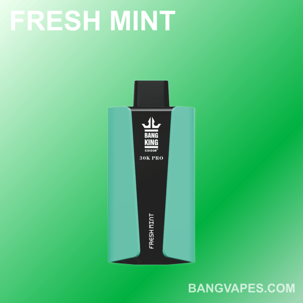 Fresh mint vape device with black and teal design, labeled "BANG KING 30K PRO," on a gradient green background.