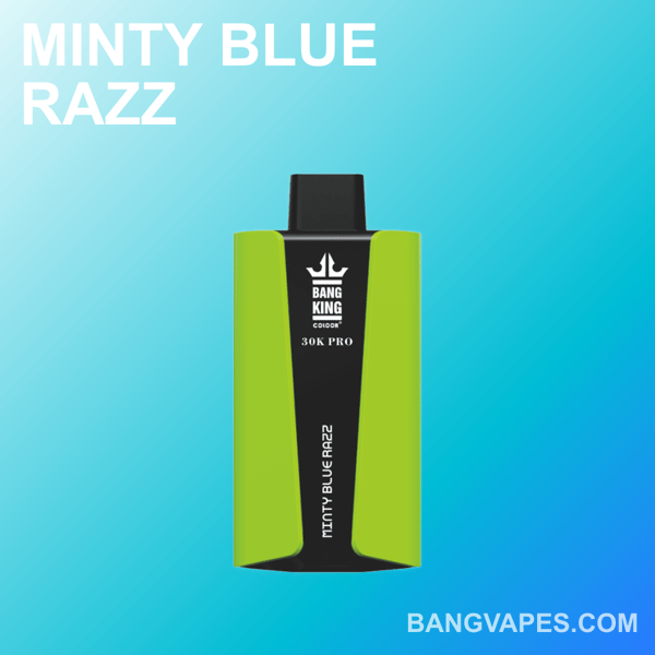 Minty Blue Razz Bang King 30K Pro vape with green and black design on a light blue gradient background.