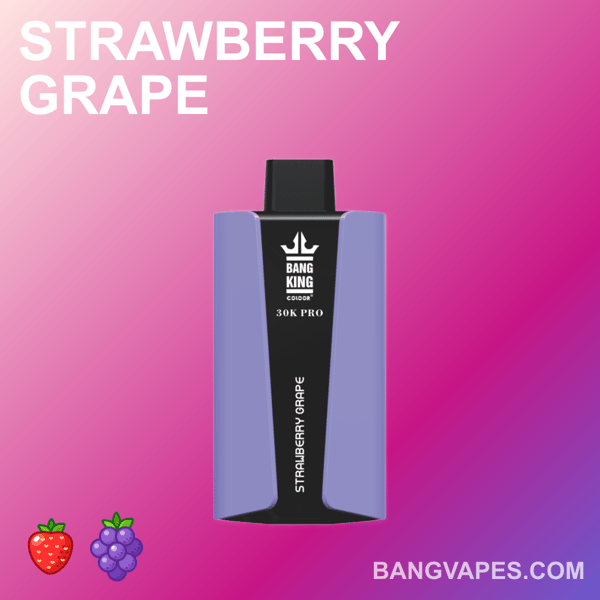 Strawberry Grape flavored Bang King 30K Pro vape device with purple design on a pink gradient background.