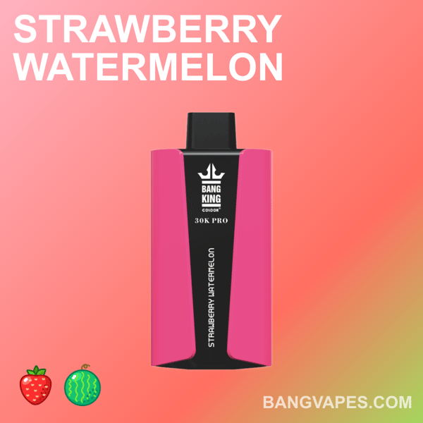 Strawberry Watermelon flavored Bang King 30K Pro vape device with a pink and black design on a gradient pink background.