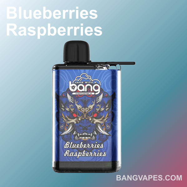 A disposable vape device with a blue design featuring a stylized dragon illustration and the text "Blueberries Raspberries" and "Bang Vapes."