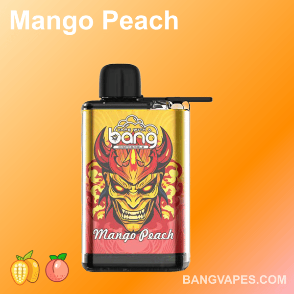 Un appareil de vape jetable étiqueté " Bang Mango Peach " avec un design coloré comportant un visage démoniaque rouge et un fond orange vif.