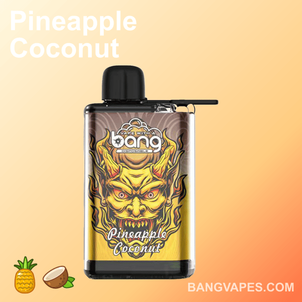 Vape jetable aromatisée à l'ananas et à la noix de coco avec un design saisissant avec un visage de démon jaune sur l'emballage.