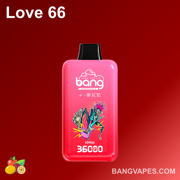 Un dispositivo di vaporizzazione usa e getta rosa etichettato "Love 66" con grafica colorata e il testo "VAPE WITH A bang" e "+ ICE" su di esso, su uno sfondo rosso.
