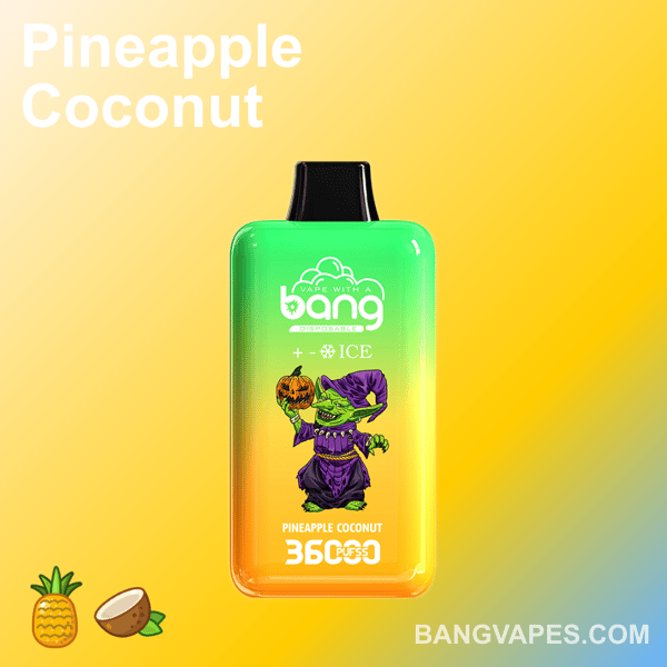 Una penna vaporizzata colorata etichettata "Pineapple Coconut" con un simbolo di ghiaccio e un personaggio dei cartoni animati che tiene in mano una zucca, su uno sfondo giallo sfumato.