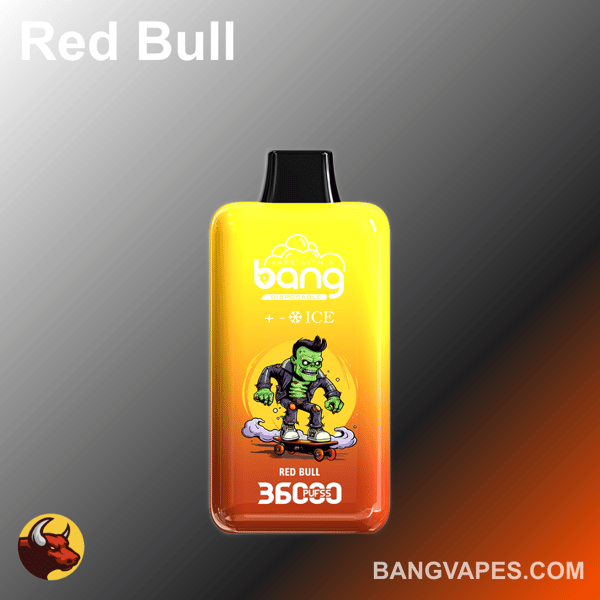 Un dispositivo di vaporizzazione colorato con un design sfumato di giallo e arancione che raffigura un personaggio dei cartoni animati con la pelle verde e una giacca nera che pattina su uno skateboard, etichettato "Red Bull" e "ICE"."