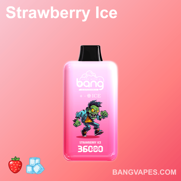 Un dispositivo di vaporizzazione etichettato "Strawberry Ice" raffigurante un personaggio dei cartoni animati dall'aspetto verde, simile a uno zombie, su uno sfondo rosa sfumato con illustrazioni di una fragola e cubetti di ghiaccio nella parte inferiore.