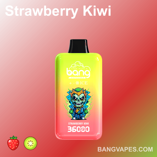Una penna vaporizzata colorata etichettata "Strawberry Kiwi" con un design del personaggio da cartone animato e uno sfondo sfumato che passa dal rosa al verde, accompagnato dalle icone di una fragola e un kiwi nella parte inferiore.