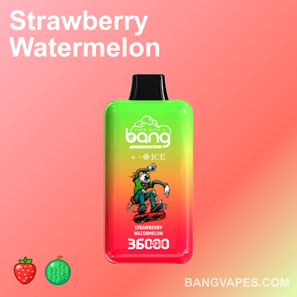 Un vaporizzatore colorato etichettato "Strawberry Watermelon" con l'illustrazione di un personaggio dei cartoni animati. Il dispositivo ha un design sfumato che passa dal verde al rosso e visualizza "3600 PUFFS" e "+ ICE". Lo sfondo è di un rosa tenue e in basso a sinistra sono presenti piccole icone di fragole e angurie.