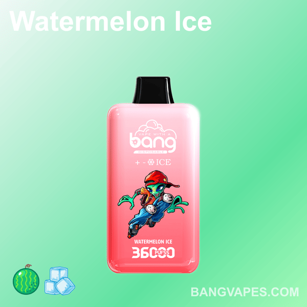 Różowe jednorazowe urządzenie do waporyzacji z etykietą "Watermelon Ice" przedstawiające kolorową kreskówkową postać kosmity na gradientowym zielonym tle.