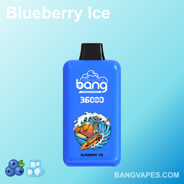 Un vaporizzatore usa e getta blu etichettato "Bang Blueberry Ice" con "3600 Puffs" e un design a scheletro da surf, su uno sfondo sfumato azzurro.