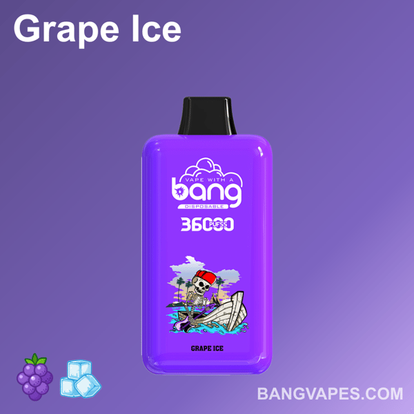 Dispositivo di vaporizzazione usa e getta viola etichettato "Bang Grape Ice 3600 Puffs" caratterizzato da un design colorato di uno scheletro in una barca con uno sfondo tropicale.