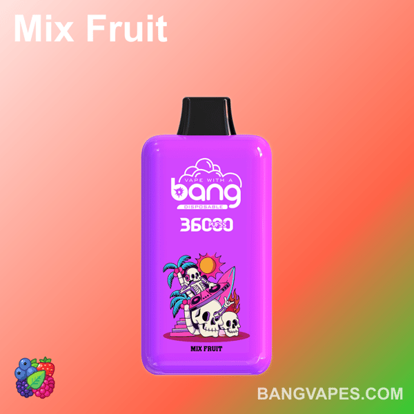 Dispositivo di vaporizzazione usa e getta viola etichettato "Bang Disposable 3600 Puffs Mix Fruit" con illustrazioni colorate di scheletri, elementi tropicali e teschi su uno sfondo sfumato.