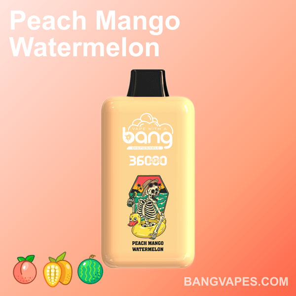 Un dispositivo di vaporizzazione usa e getta etichettato "Bang" con sapore "Peach Mango Watermelon", caratterizzato da uno scheletro in un'illustrazione di un galleggiante da piscina, su uno sfondo color pesca.