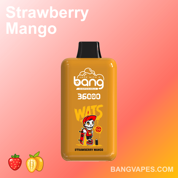 Un dispositivo vaporizzatore usa e getta giallo etichettato "Bang" con sapore "Strawberry Mango", caratterizzato dalla grafica di uno scheletro di skateboard con un berretto rosso, accanto a fragole e icone di mango su uno sfondo rosa sfumato.