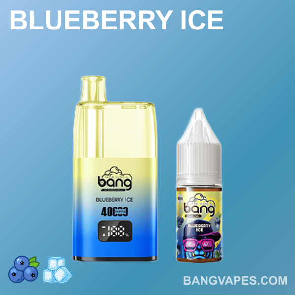 An advertisement featuring "Blueberry Ice" vape products, including a disposable vape device and a bottle of e-liquid, set against a gradient blue background with icons of blueberries and ice cubes.
