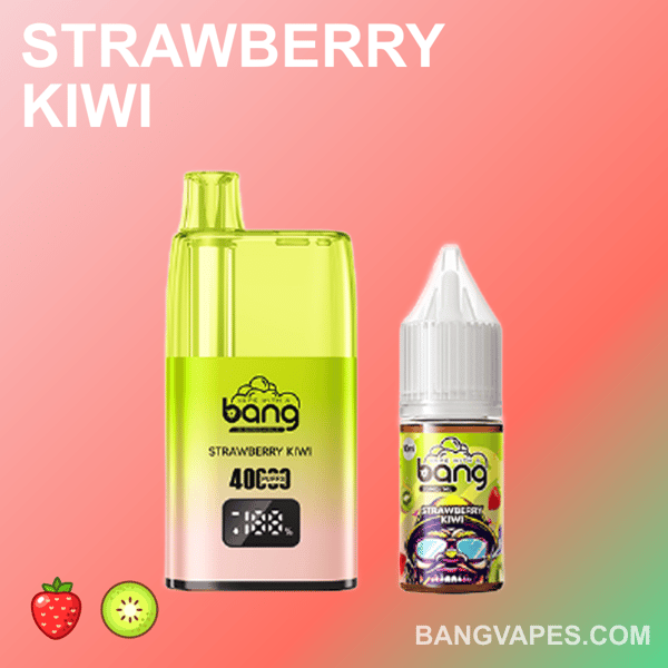 Une image promotionnelle vibrante représentant un appareil de vape jaune étiqueté " STRAWBERRY KIWI " à côté d'une petite bouteille d'e-liquide portant une marque similaire. Le fond est un dégradé allant du rose à l'orange, et il y a des illustrations d'une fraise et d'un kiwi en bas.