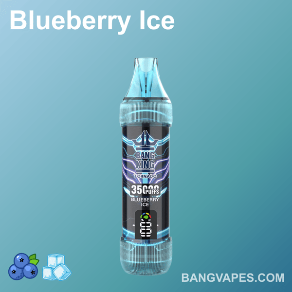 Produkt waporyzacyjny Blueberry Ice o pojemności 35 000 zaciągnięć, markowy jako Bang King Tornado, na niebieskim gradientowym tle z ikonami jagód i kostek lodu.